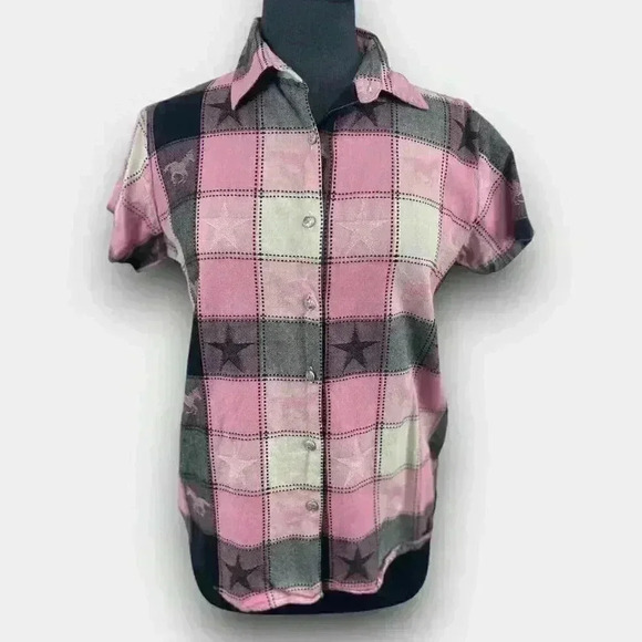ADOBE ROSE button down western plaid shirt pink black stars horses - Picture 1 of 6